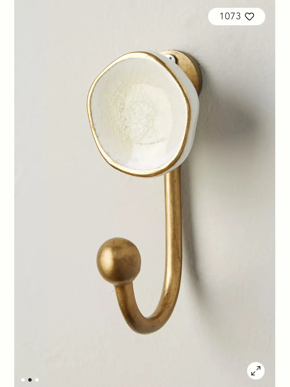 Anthropologie Gold Metal Wall Hook with White Crackle Ceramic Accent